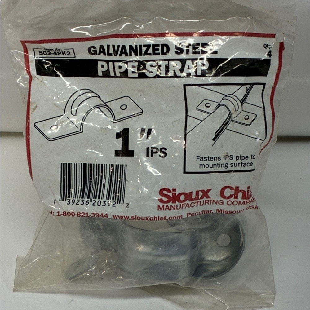 Sioux Chief Item# 502-4PK2 Galvanized Steel Pipe Strap, 1” IPS, Qty:4